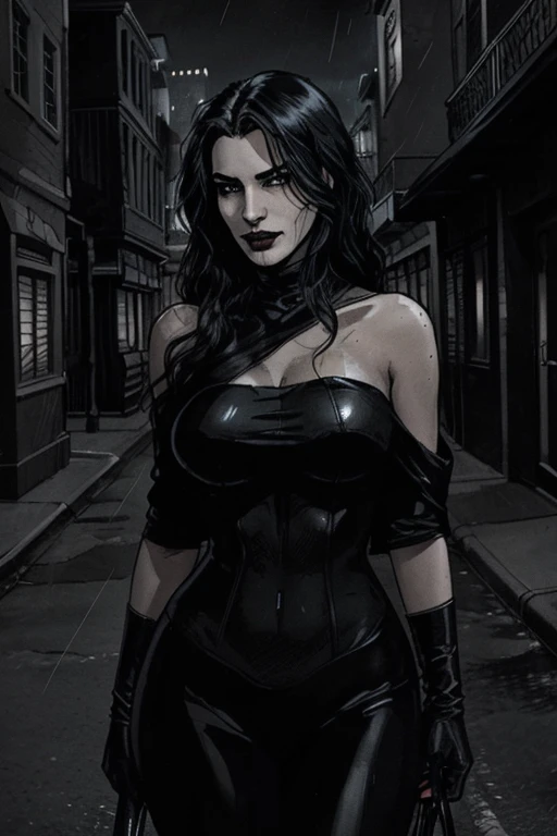 8k, best quality, beautiful tough adult woman, slimthicc, average height, medium length messy black hair, large breasts, large toned ass, human skull bone mask, angry eyes, black hair partially covering her face, wet skin, furrowed brow, black leather corset, no sleeves, chain link chest accessory, dirty black baggy pants with off-white patches, athletic, fit, pale white skin, shredded waist, pale blue eyes, beautiful, strong, hdr, black eye makeup, chain link wrapped around tits, outdoors, cloudy, ruined cityscape, raining