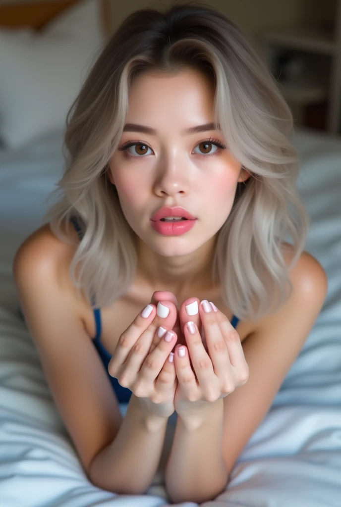 A woman( naked, ahegao, cumshot, hands peace sign )