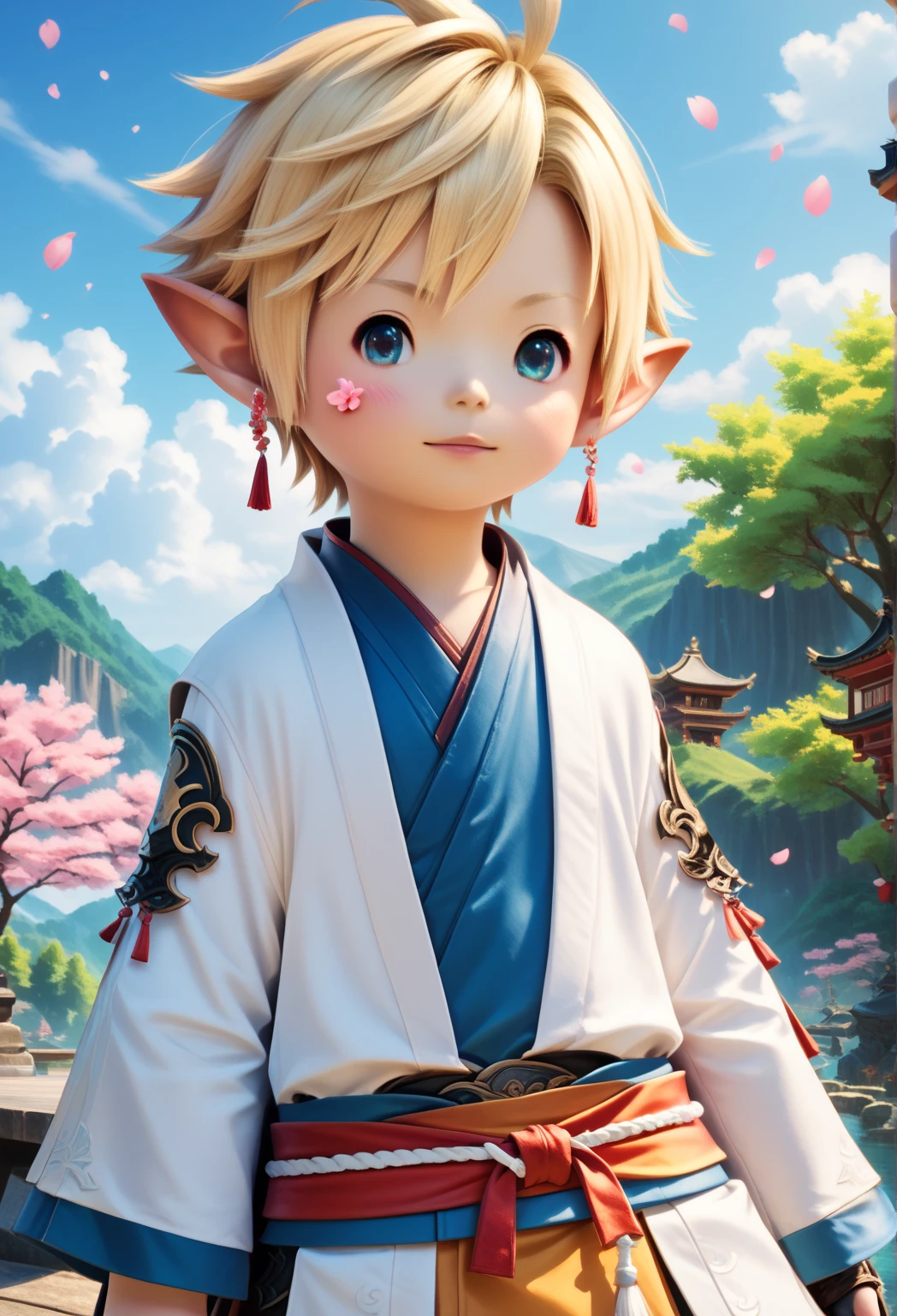 LalaTater, Lalafell, 1boy, one character, final fantasy samurai gear, blue eyes, cloud, day, fantasy, looking at viewer, male focus, blonde hair, outdoors, sky, sakura tree, cherry blossom, chibi, , puntable BREAK PonyXLV6_Scores