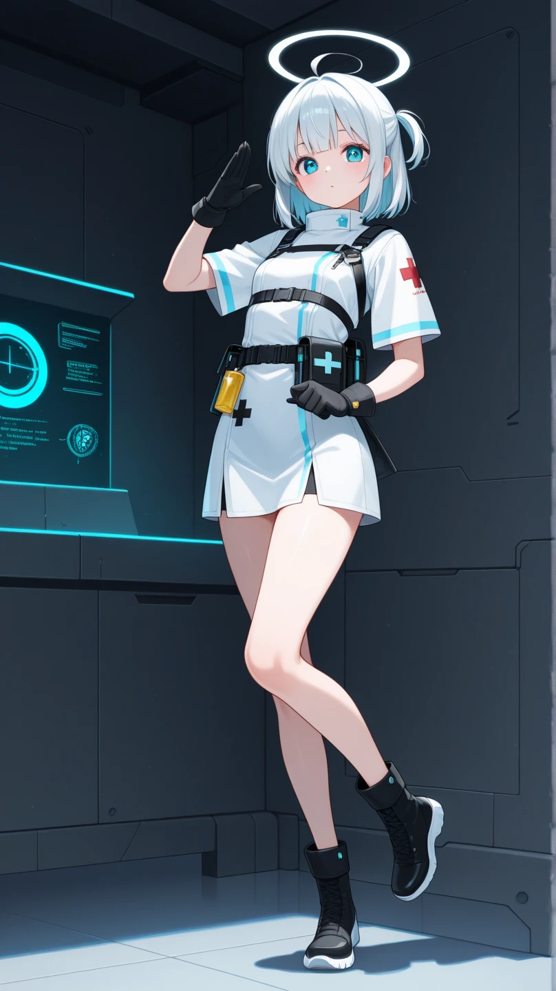 Gentle female nurse, full body, holding a syringe, black background