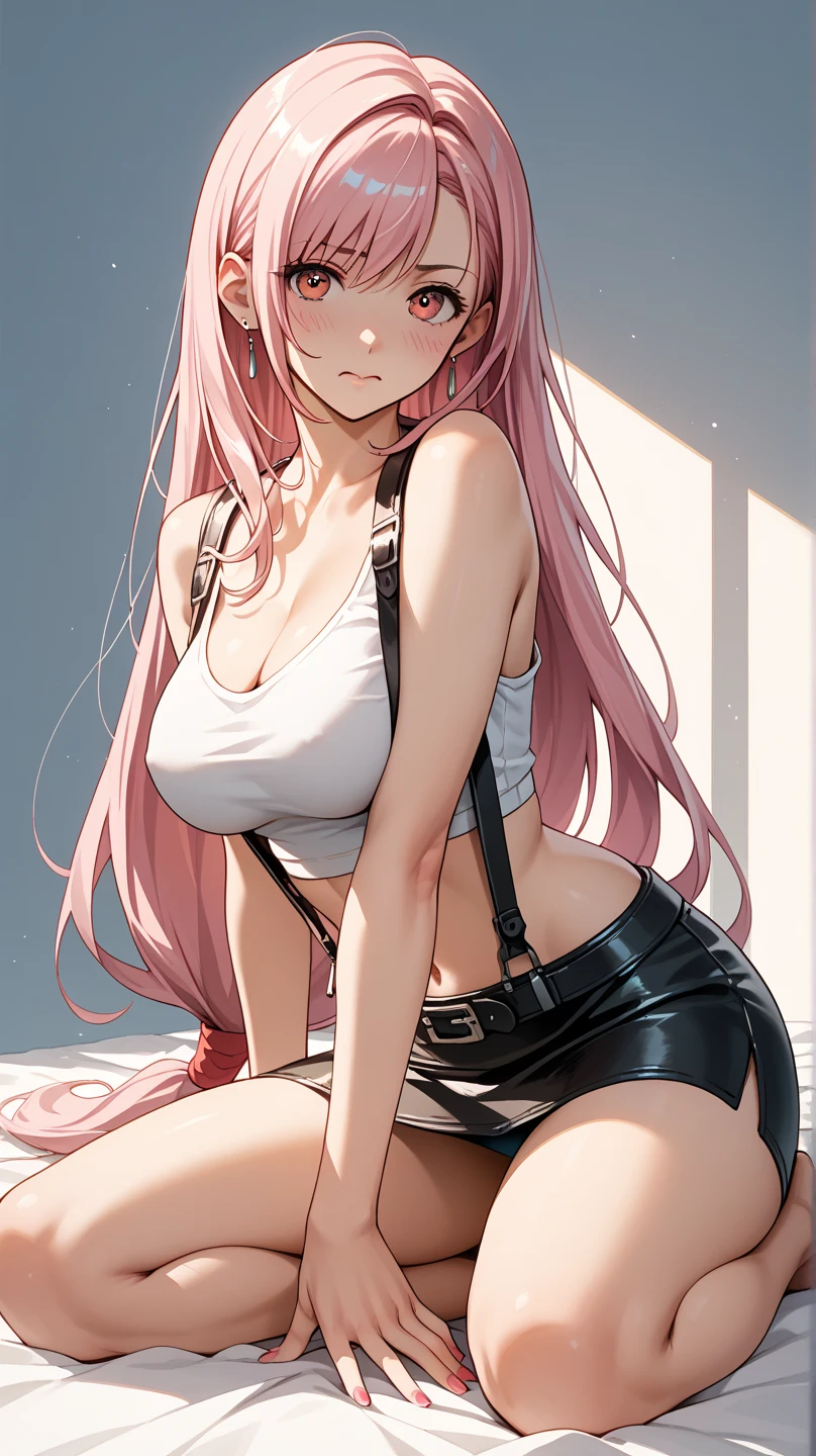 ((top-quality, 8K, masterpiece:1.3)), A detailed eye, (looking at from the front), Look at the camera, ((Everything is sparkling、reflecting light:1.2)), (Best Ratio: 4 fingers, 1 thumb), (portrait), (((Jewelry Bonney from One Piece))), JewelryBonneyV2, half body shot, light smile, 1girl, solo, cute face , long hair, pink hair, hat, ((slim girl, medium breasts, hyperdetailed lips)), red lips, (thighhighs, shorts, suspenders, boots, purple eyes), midriff, crop top, belt, suspender shorts, blushing, (back shot), (((suggestive butt shot))),  cute face, (suggestive Lower angle shot),