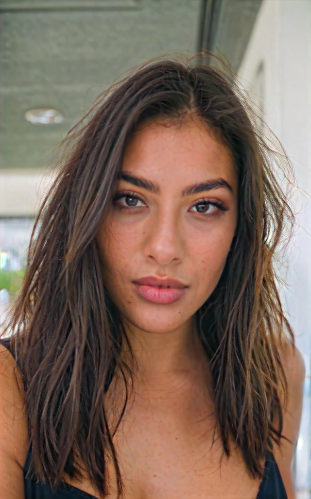 1 girl looking directly to camera, fun, in distance, very pretty, 23 years old, tanned, long curly hair, pink hair, dark brown eyes, fluffy eyebrows, lips, realistic, wearing warm dress, far away, in water, in pool, big boobs, hyper realistic, detailed skin, realistic eyes,