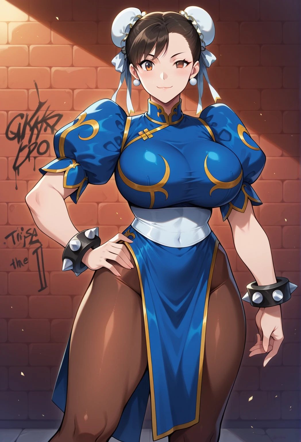 chun li, street fighter, belas coxas grossas, coxas sexys, , olhando para frente, belos olhos escuros, olhos detalhados, belo rosto, brown tights, botas brancas, pose de vitoria, belo sorriso , numa cidade chinesa de tarde