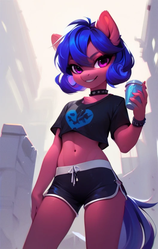 Solo, male, femboy anthropomorphic, adorned with short horns and pointed ears, pastel-colored fur cascading down, pastel-colored hair styled elegantly, big eyes shimmering with a seductive smile, donning glasses that add an extra allure, kneeling enticingly in a dimly lit, steamy, and sweaty dark alleyway. The only source of light comes from a streetlamp, casting a warm and enigmatic glow on his revealing outfit, consisting of a crop top, shorts, and a suggestive glimpse of colorful underwear. The detailed and explicit content of the image is vivid, adult, and NSFW, with a focus on a