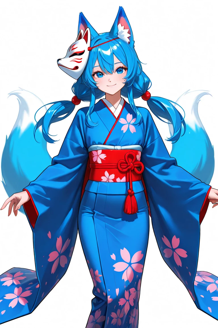 cute young girl, blue hair, long twintail hair, light blue eyes, fox ears, fox tail, muscular body, small breast, japanese outfit, fight with katana pose, fox mask