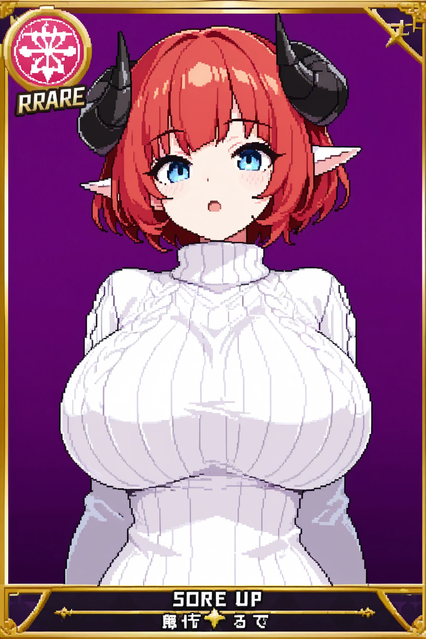 score_9, score_8_up, score_7_up, source_anime, 1girl, solo, pixel art, playingcard, , trading card, card_(medium), RPG clothing and stats, tiny woman, (petite woman), sheep girl BREAK
Red hair, short hair, bob_cut, blue eyes, huge breasts, tiny waist, curvacious body, pointy ears, black horns, cow horns BREAK
Sweater, wool clothes, white sweater, upper body BREAK
Looking at viewer, open mouth, standing, cute face
Portrait, purple background, simple background