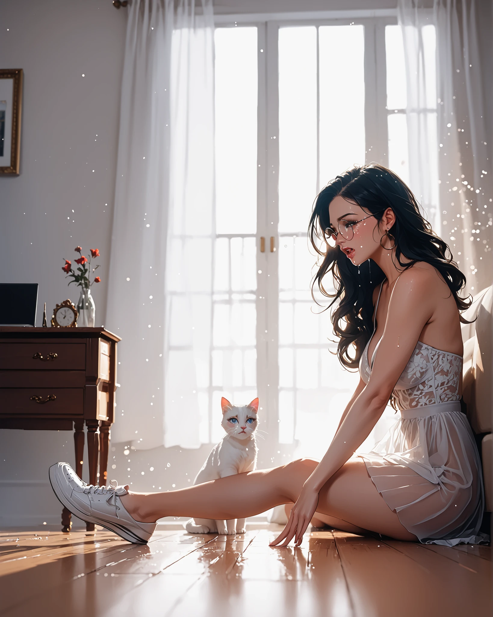 masterpiece, image rich in details, 1girl, beautiful woman with nice curves, long black hair, wearing round glasses and casual clothes, sitting on the wooden floor crying with my face on my knees with her back resting on a sofa, her eyes are very expressive, sadness in her eyes, tears running, a translucent white cat comes to comfort her by placing its paw on her, in two tones, on the girl's side darker tones and little lighting, on the cat's side warm colors and well lit, contrast of light in her hair, particles of light coming in through the window, warm and harmonious colors, cinematographic photography, ray tracing lighting, ultra hd