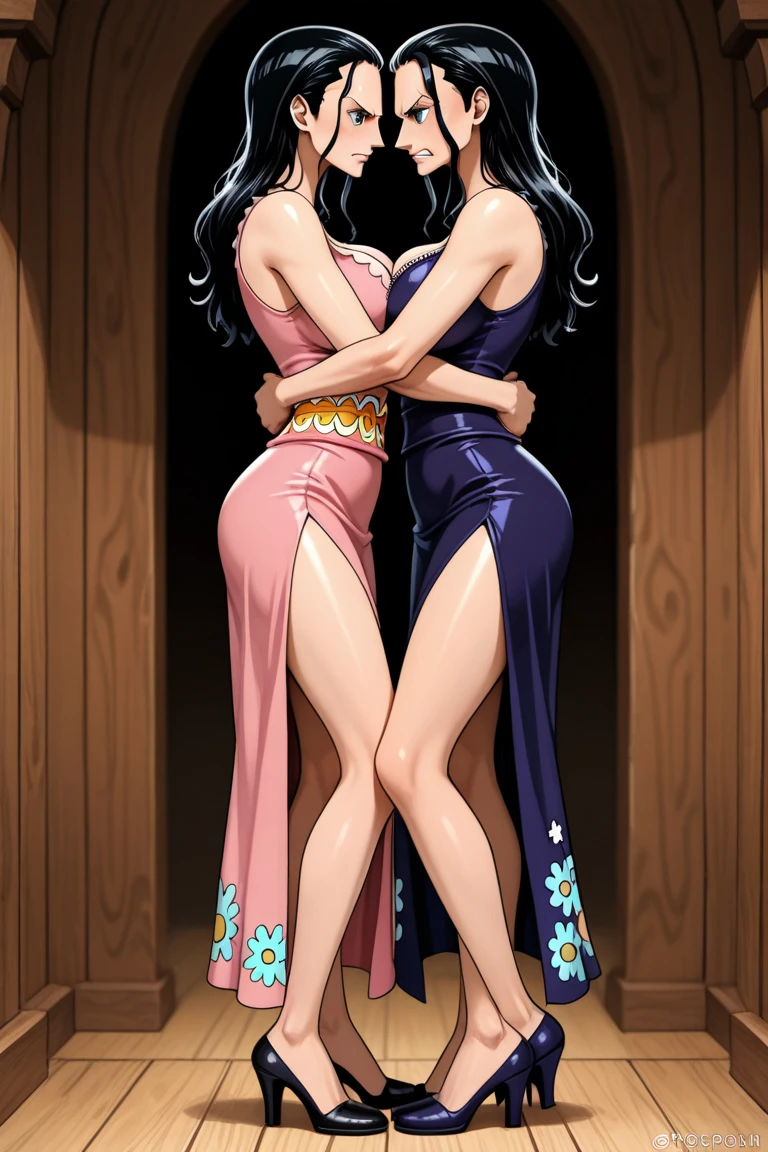 2girls, art by Eiichirio Oda, boa hancock and nico robin are wearing thigh revealing party dresses, boa hancock is holding nico robin against the wall, nico robin and boa hancock are kissing each other, clothes are falling off from shoulder, night time