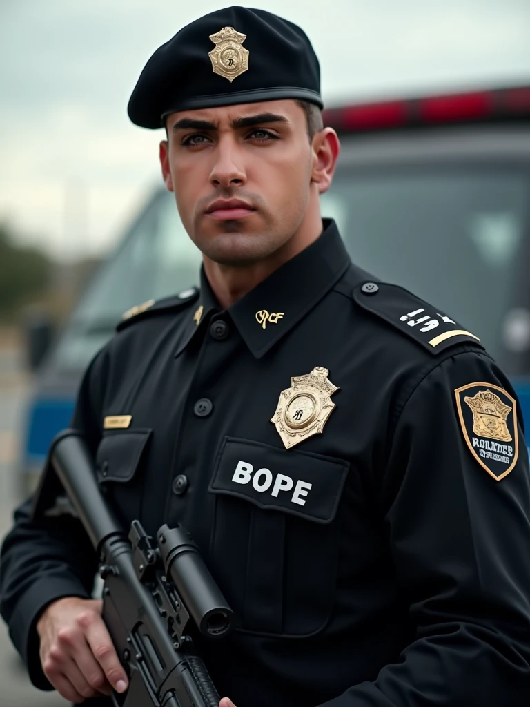 Detailed (full body:0.7) photograph of a 26 year old (slim:0.48) Hispanic (handsome:1.28) officer, (Wearing SWAT gear:1.4), Black hair, Crew cut high fade, Prominent jaw, Body hair, (Goatee:0.4), He is looking down at the viewer, Horny look, (Tattooed:0.85), (Photo is taken in a military tent), (Shot from below:1.25), Bulge, low_angle_human, (Fisheye lens:0.8) <lora:low_angle_human:0.65>