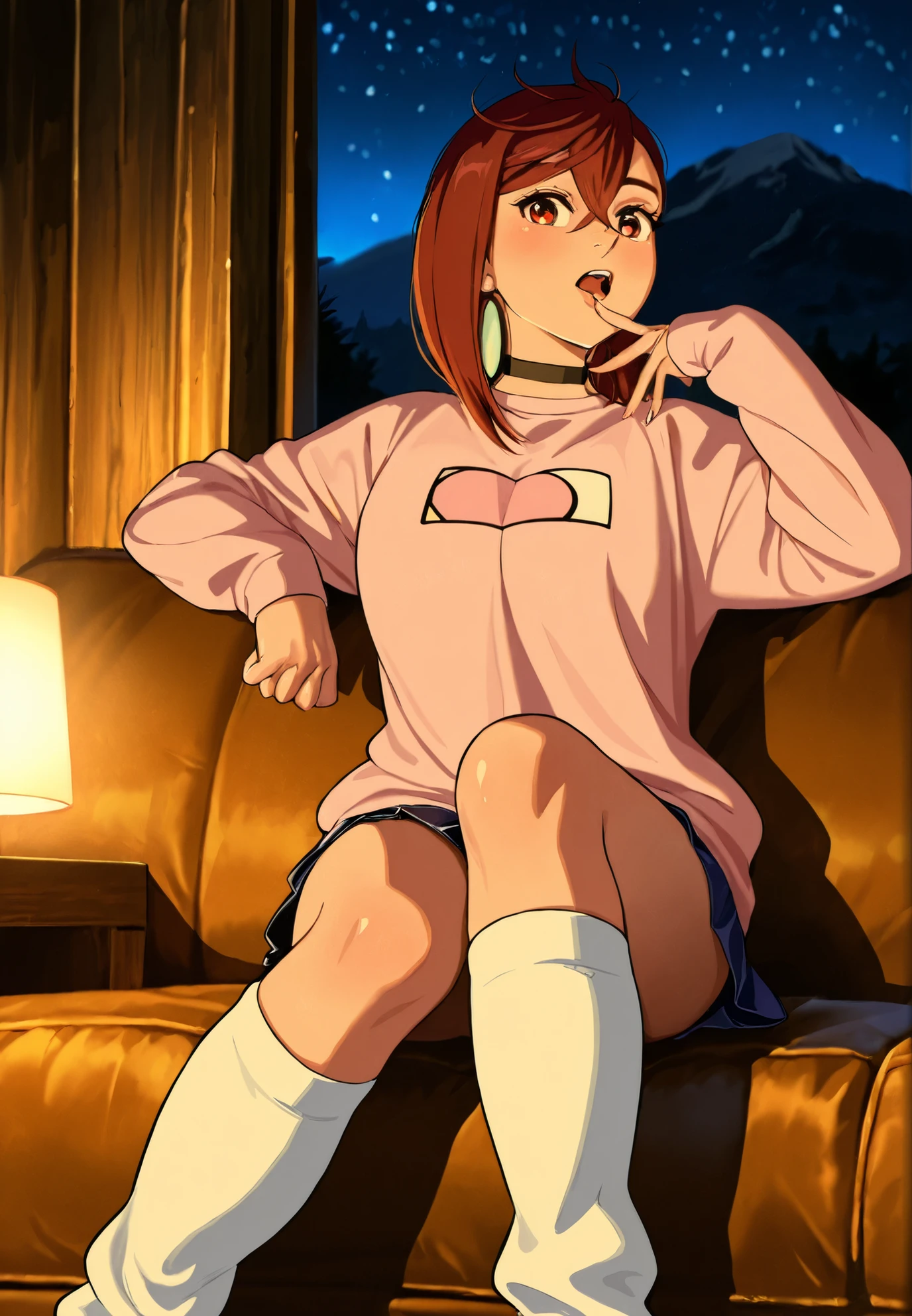 1girl, solo, Dandadan, Ayase Momo, Dandadan , sweater,short skirt, oversized socks, sitting on a sofa,sexy pose,alluring atmosphere,mountain cabin,night time,cinematic lighting,masterpiece,top quality,warm color,high resolution,high fashion,absurdres extremely,vivid colors,intricate details,best quality,amazing quality,very aesthetic,newest,ultra-detailed,nsfw,