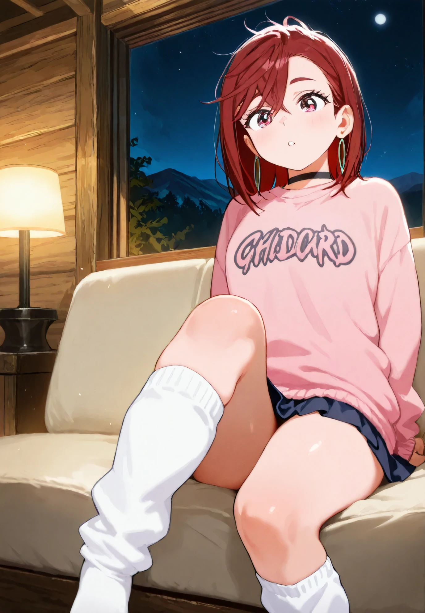 1girl, solo, Dandadan, Ayase Momo, Dandadan , sweater,short skirt, oversized socks, sitting on a sofa,sexy pose,alluring atmosphere,mountain cabin,night time,cinematic lighting,masterpiece,top quality,warm color,high resolution,high fashion,absurdres extremely,vivid colors,intricate details,best quality,amazing quality,very aesthetic,newest,ultra-detailed,nsfw,