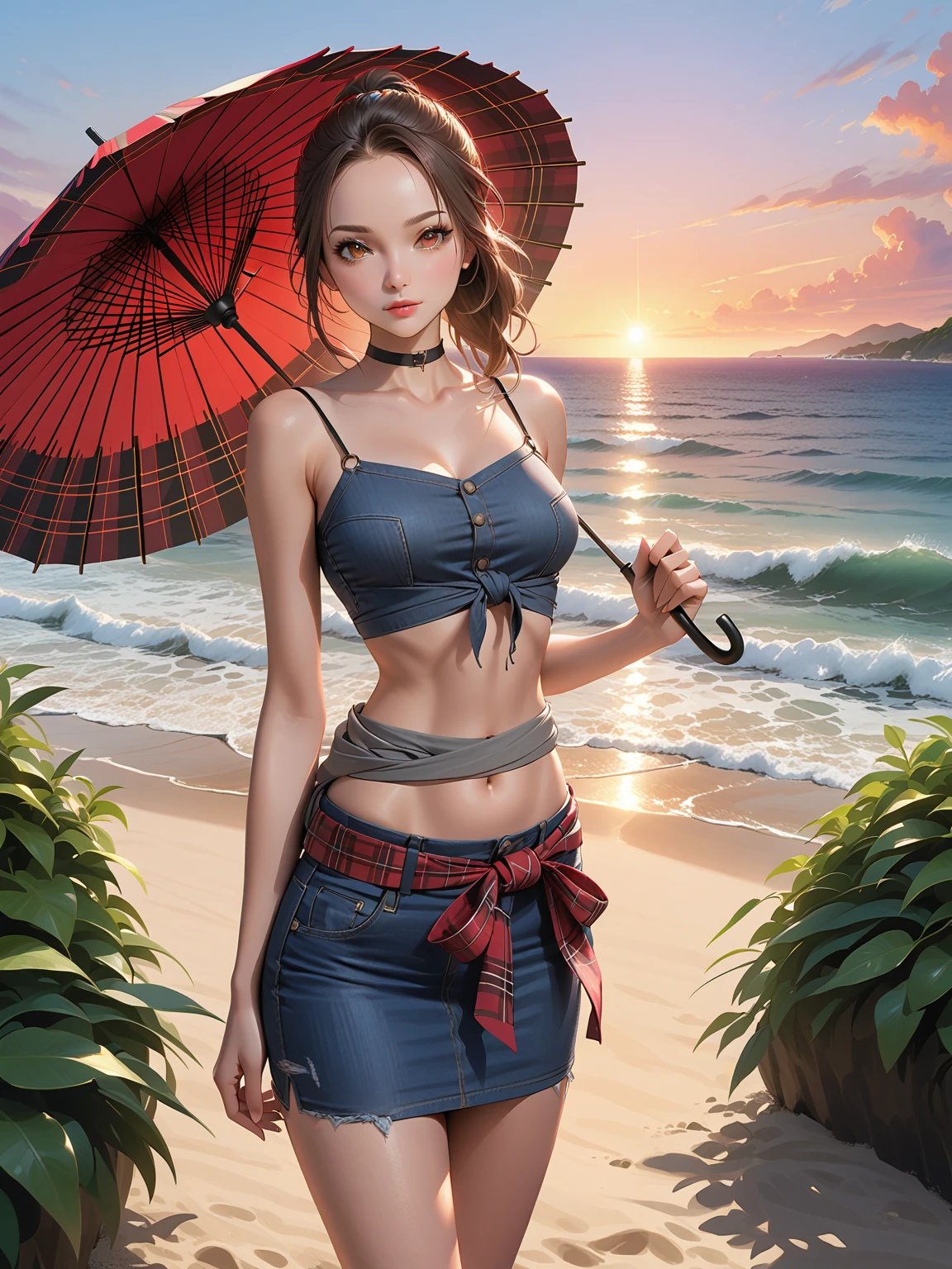 ((Highest quality, 8k, masterpiece :1.3)), (Sharp focus :1.2, Beautiful woman with perfect figure :1.4, Slim Abs :1.2), ((Big Breasts, Emphasize cleavage, The underboob is visible:1.3)), (Photorealistic:1.4), (realistic:1.4), (Pink Hair:1.5), Highly detailed face and skin texture, Fine grain, double eyelid. Makeup face, A little bit of lipstick, sex appeal, Sexy gravure pose, ((Black tank top and red hot pants。The background is the beach、Campfire at night。Accessory: silver anklet。:1.3)