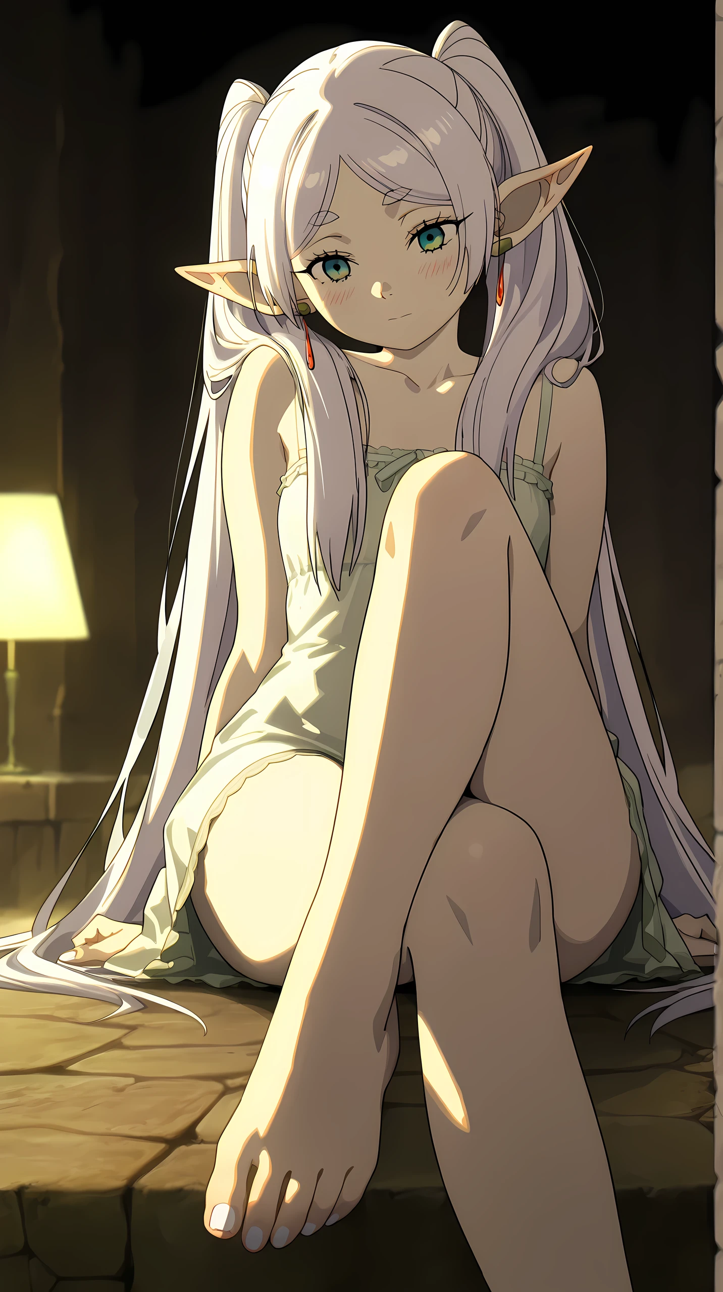 Frieren (solo) Lying with her leg crossed shows her instep in the foreground, toenails with white nail polish, piede sexy, very detailed legs, Slightly reddened face, blush, with a nightgown by Frieren, very long white hair, gorgeous green eyes, anime style Frieren, very detailed scene lighting, ombre perfette, perfect ray tracing