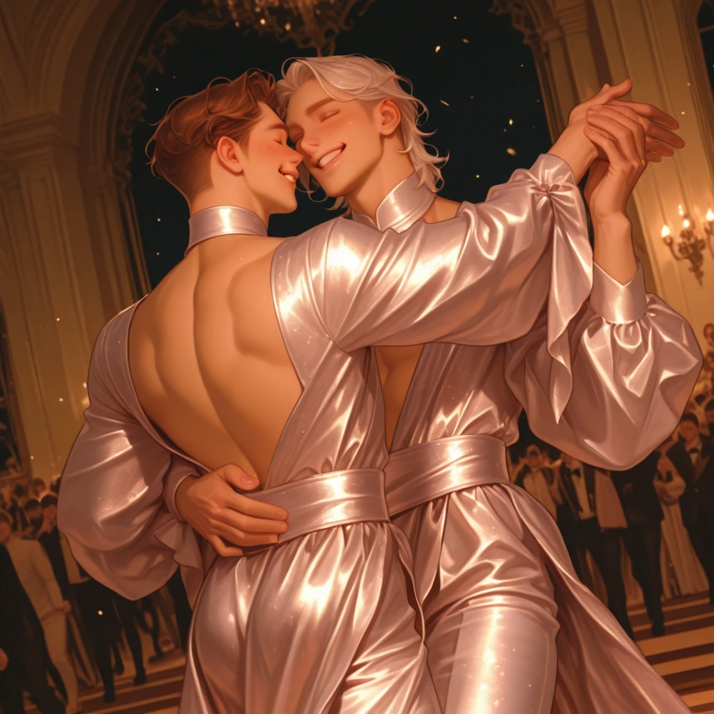 (absurdres, highres, ultra detailed), 2 young man, couple, Symbolism, Visual art, Occult, Vision casting, Philosophical, Numerology, Popularity, Artistic, Alfons Mucha best quality, master piece, full body shot, highly detailed painting by alphonse mucha, ((((Two young men, 19 years old In short transparent white tunics)))), ((ancient Greek myths)), athletic, attractive expression, earrings, fantasy, dramatic pose, whole body, aesthetically pleasing, beautiful, athletic, athletically built, thin waist, prominent muscles, large, Volumetric elastic buttocks, Duet, hugs, kiss, thong panties