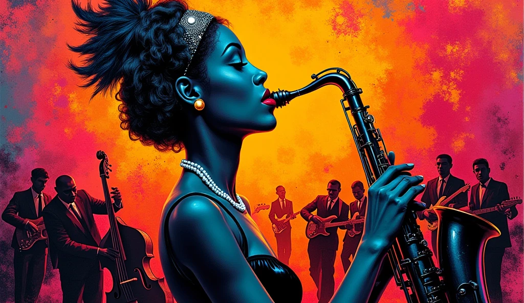 alabama bar, blue note, charismatic, baterist, guitarist, saxophonist, jazz band, pink dress, illustration, noir fantasy, singer lady, 