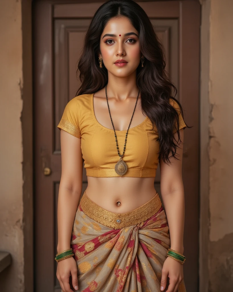 A tall, curvaceous woman with a thick, voluptuous figure, featuring plum-colored lips, G-cup , lustrous black hair cascading down her back, and curvy thighs. She has an evil, sly smile, wearing an elegant saree with a deep-neck blouse that tastefully reveals her cleavage and navel. The saree is slightly lifted above her thighs, showcasing her thick, curvy inner thighs, with her legs posed confidently apart. She wears a long, thin gold necklace with a repeating pattern of black and gold beads, graduating from the largest bead at the bottom to the smallest at the top, featuring a central pendant shaped like a queen of spades symbol, attached with a gold clasp. A striking thin golden chain adorns her , and she has a small red bindi between her eyebrows and green glass bangles on her wrists. The overall style is traditional and elegant, with UHD quality, anatomically accurate proportions, textured skin, super-detailed features, high resolution, and a masterpiece aesthetic