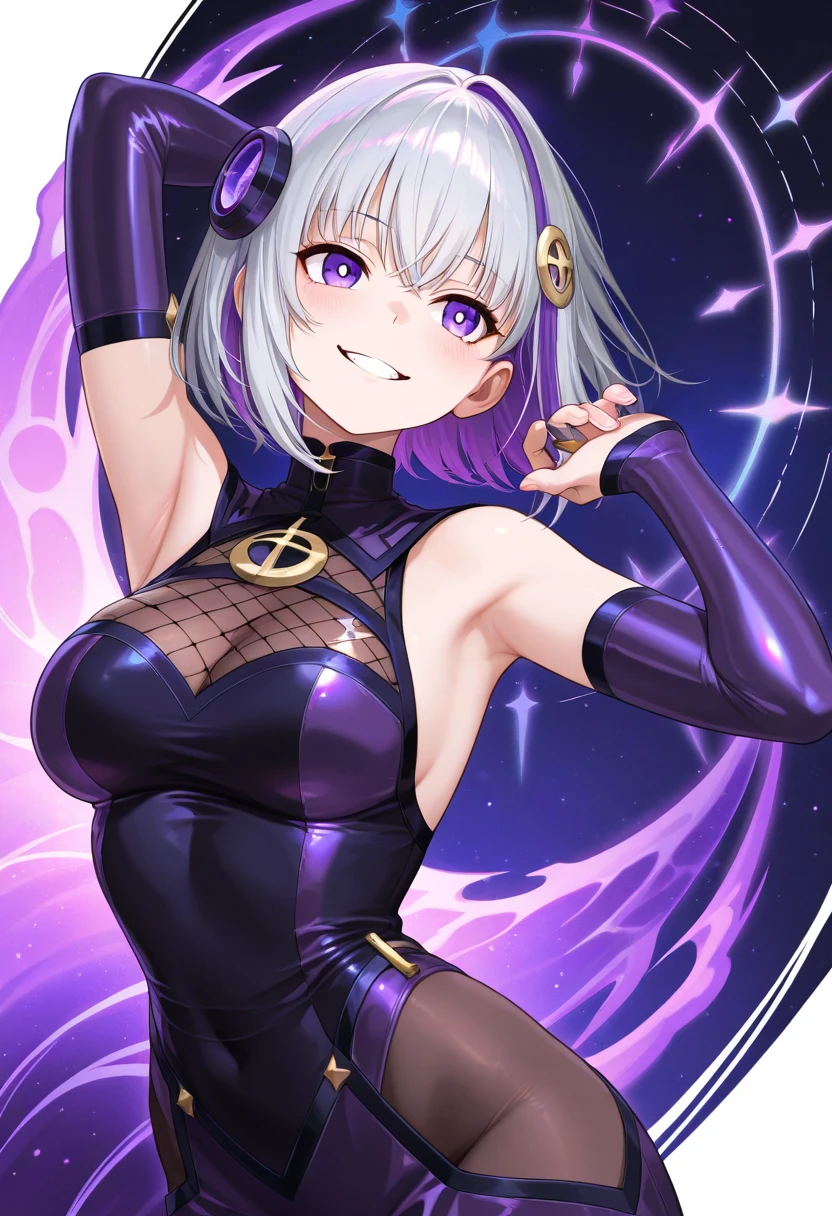 (Masterpiece, Side Light, Fine Beautiful Eyes: 1.2), (Masterpiece * Portrait), Portrait, (Bust), Realistic, Anatomically Correct, 3D Face, Sweet Skin, (Solo), Highlights, Gradient Hair, (Close-up of Face), Cute Face, (Fire Opal-like Purple Eyes), Hanging Eye Corners, ((High Detail Skin, Visible Pores)), (Perfect Figure), A Beautiful Girl, Small Breasts, ((Military Full Cover Biochemical Protective Suit)), (Neck Ring), Very, very short short gloves, (chains)