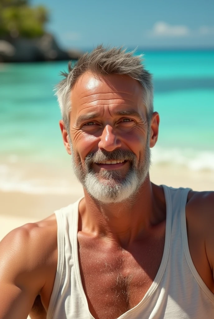 (best quality), 1boy, mature male, 50 years old, tanned skin, brown hair, grey streaks, short hair, brown eyes, perfect eyes, polite smile, handsome, butler, strong jawline, male swimwear, beach, masterpiece, anatomically correct, highres