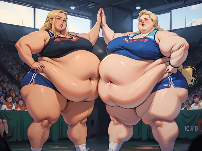 A young woman in a bikini, massive bloated overstuffed heavy protruding bulging obese belly, hyper massive fat tall wide round heart shaped bubble butt, wide fat hips, massive fat round breasts, deep long cleavage, so full it hurts, gurgling belly, sloshing belly, distended belly, churning belly, it hurts being so full but it feel so good, squishy belly, bellies squished together, breasts squished together, they cant stop eating, they keep eating even though they’re so overstuffed it hurts, blue skin on belly, extremely painfully overstuffed bloated bulging bellies, she’s jealous of how fat her friend is, breasts fatter than belly, sagging belly, belly apron,