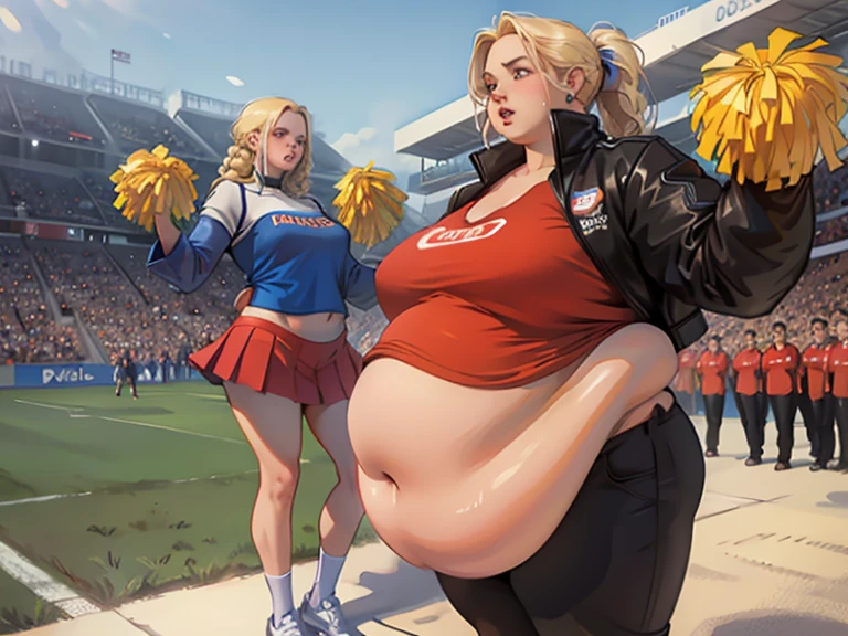 masterpiece, best quality, cheerleader with a pom pom in her hand, (((colossal ass))), ((massive thighs)), ((massive breasts)), ((detailed face)), beautiful face, confident expression, exposed breasts, exposed ass, tight skimpy clothing, blonde hair, blue eyes, pale skin, full body shot