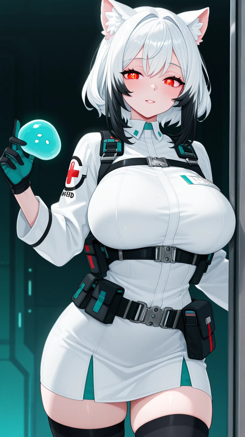 ruanyi0124, choker, id card, thong, see-through, nurse, nurse cap, white bra, garter straps, white dress, elbow gloves, masterpiece, , best quality, highres, dragon ball, blmmid, aqua hair, medium hair, blunt bangs, huge breasts,, full body