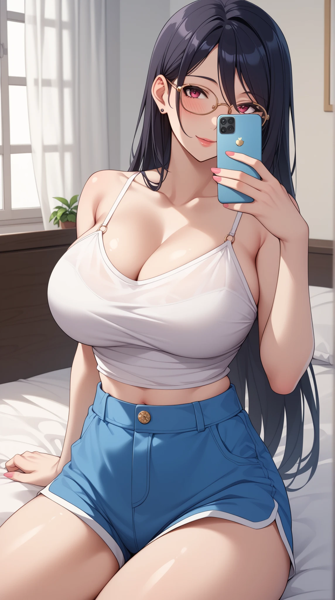 (((Clean, Masterpiece, Best quality, highly detailed, Professional, HD,HDR,UHD,16K))), 1young_woman, (solo), mature and sexy, (big breasts:1.2), black long hair, straight hair, bangs, expressive eyes, (blue eyes:1.3), (showing off bra:1.3), (black bra top), (pants), (mirror selfie:1.4), (holding a phone:1.3),