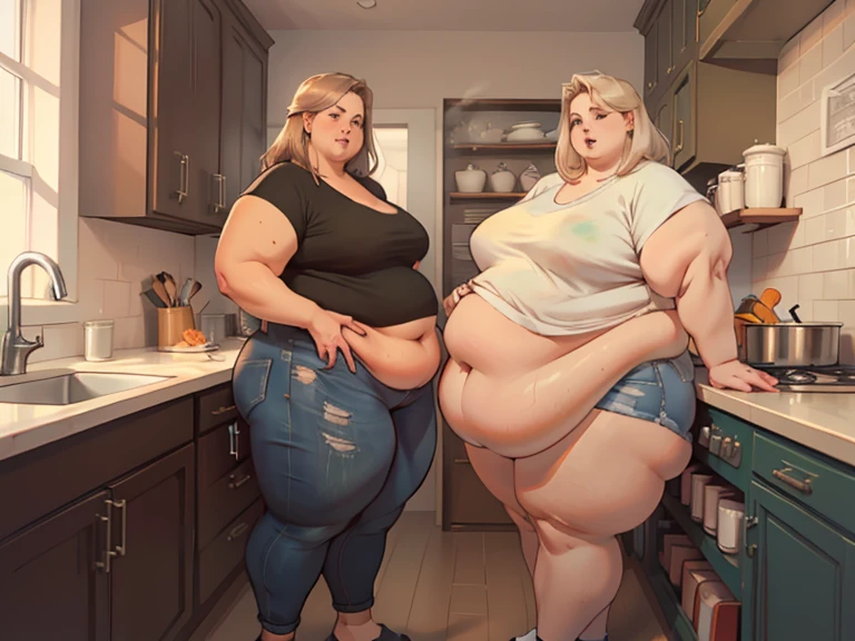 Taylor Swift, realistic, detailed, studio lighting, at home, in kitchen, sitting at table, table full of food, table piled high with food, she is eating food, wearing blue jeans, tooless, no shirt, naked breasts, (naked breasts:1.5), massive breasts, breast expansion, (breast expansion:1.5), gigantic breasts, (gigantic breasts:1.5) lactating breasts, (lactating breasts:1.5), fat belly, (fat belly:1.5), huge belly,