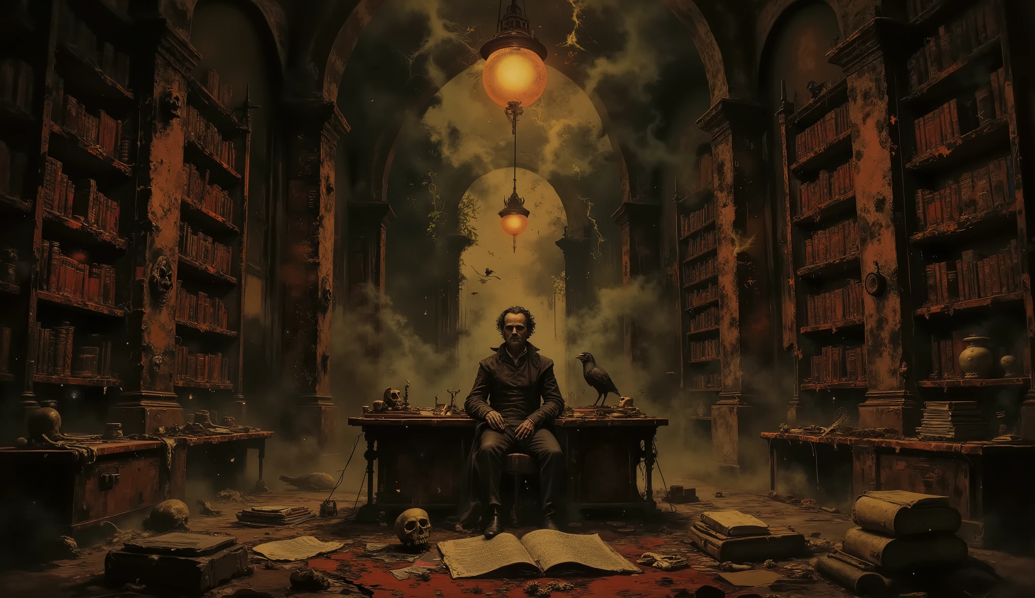 Edgar Allan Poe, sitting at a desk in an Gothic library, a skull sits on the desk, a Raven sits on a bookcase, Gothic Horror, high detail, masterpiece.