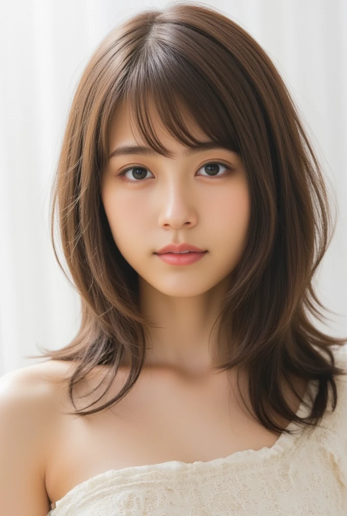 (8K、Raw photo、highest quality、masterpiece:1.2)、(realistic、Photoreal:1.37)、super detailed、Super high resolution、1 girl、see the beholder、beautiful and detailed face、laughter、narrow、(slim waist) :1.3)、((full nude))、Beautiful and smooth skin、skin texture、floating hair、professional lighting、