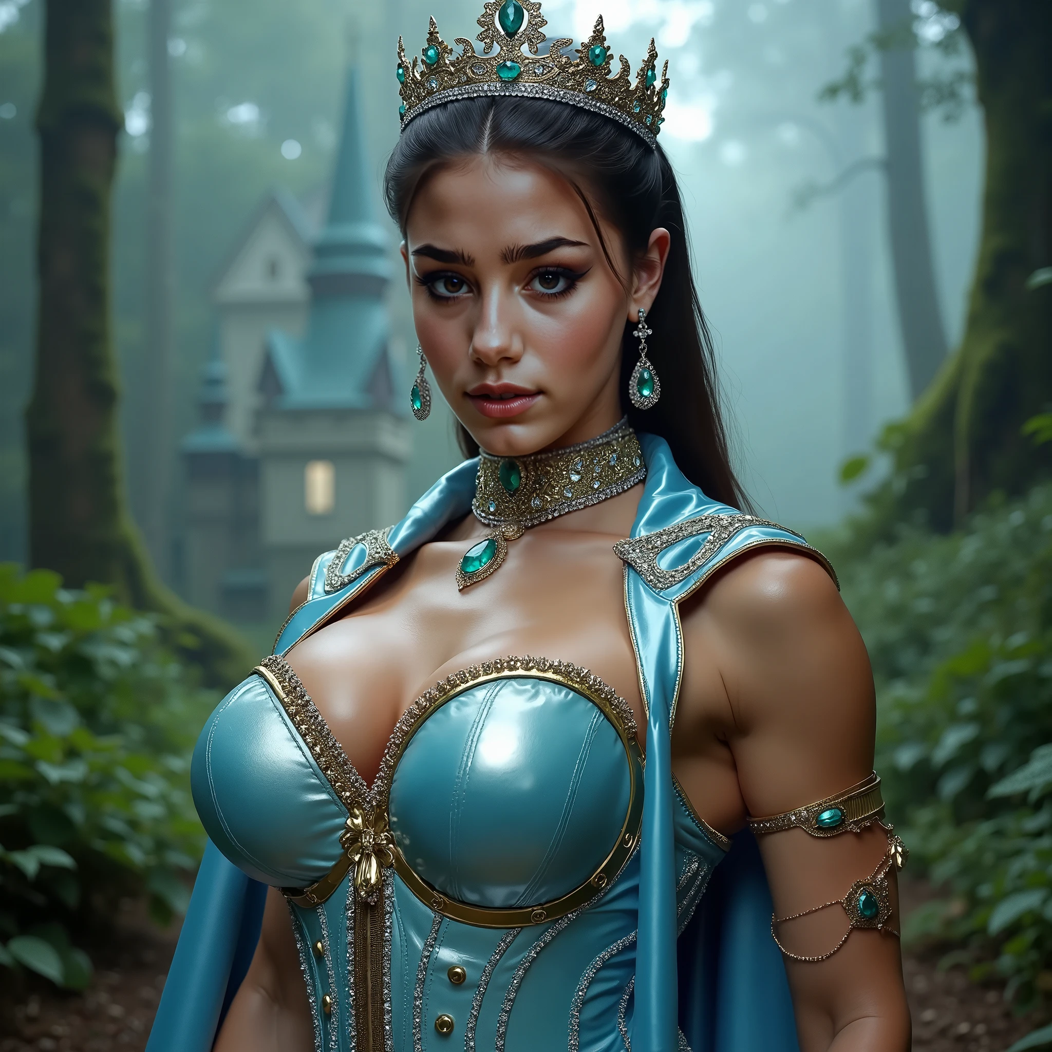 Albanian, girl, long brown hair, blue eyes, photo shot on Nikon D850, 16k, masterpiece, Detailed, breathtaking, atmospheric perspective, diffusion, natural skin texture, DSLR, 80mm Sigma f2, depth of field, film grain, intricate natural lighting, full length photo of beautiful steampunk demon with icy blue and white lighting standing in icy field, light grey and pink, energy-filled illustrations, extremely sexy, detailed face and eyes, no makeup, little smiling, highly detailed, dark fantasy aura, faded colours.