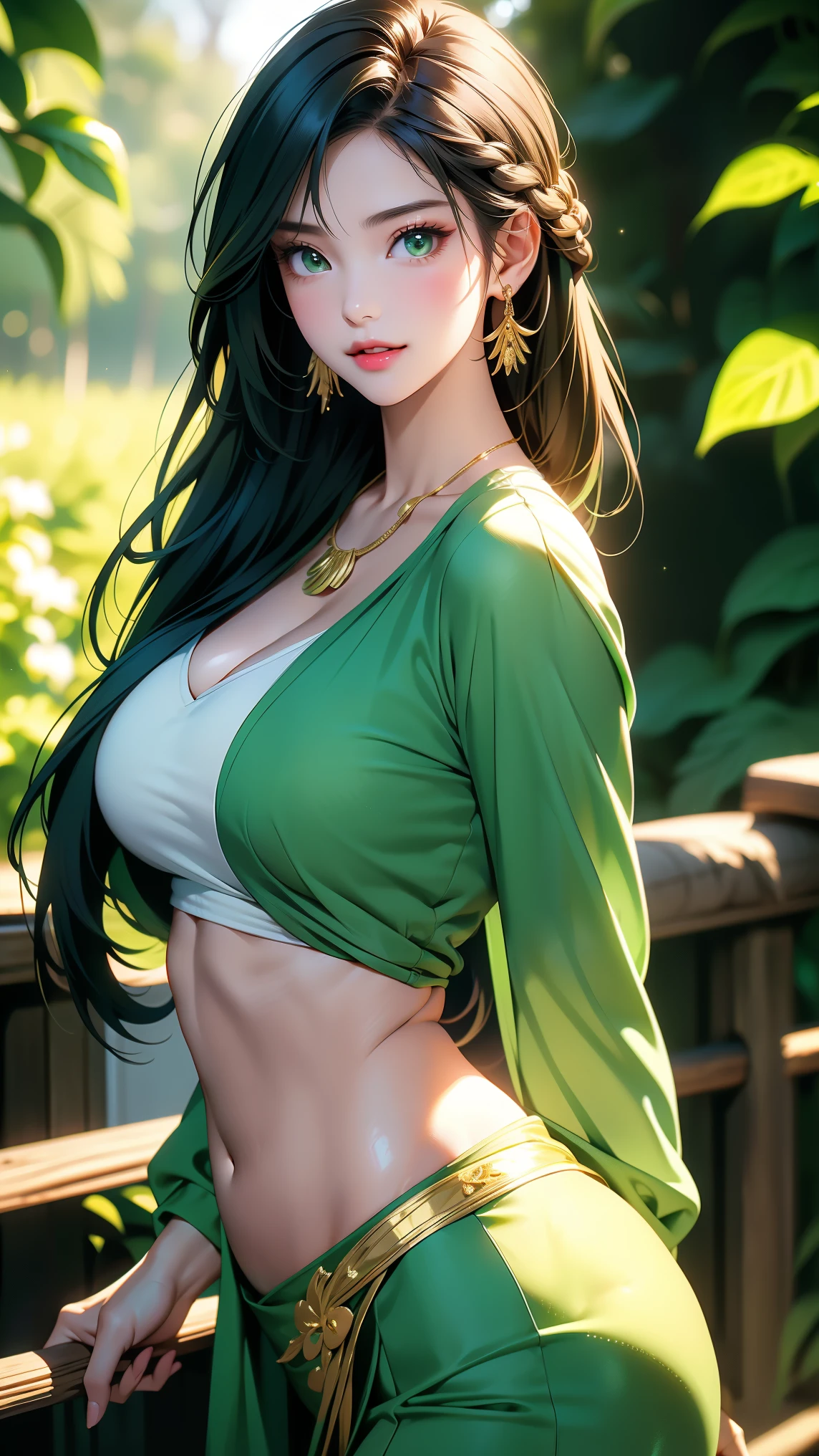 close portrait action image, brush drawing image, beautiful busty Thai female , aged 20, dynamic pose with green lingery, green pantyhose, long braid brown hair, green smoke explode, white background, 8k resolution 