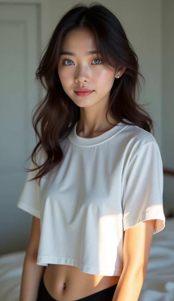 Give me the image of a Girl model which is looks like a real girl , make sure the looks does not show cartoon type look make sure a real girl model pic you made and Make sure she wear A pure white t shirt , Make sure Same model gives 6 poses in the same white t shirt