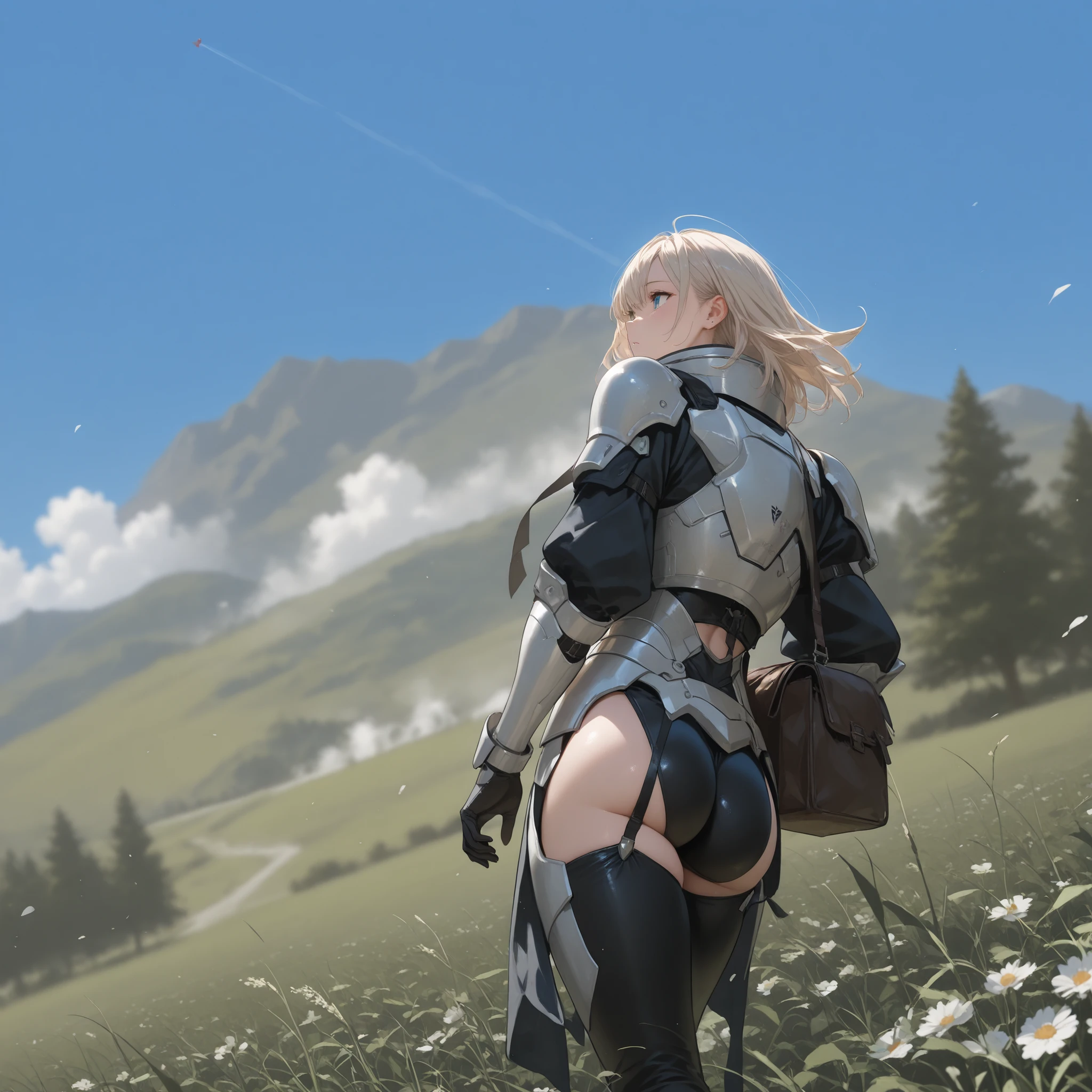<lora:Pony_kcl_v1_XL:0.7>,<lora:DetailedEyes_V3:1.6>,
anime screencap,best quality,masterpiece,
1girl,blonde hair,ponytail,floating hair,red eyes,dark skin,
cape,shoulder armor,thighhighs,gloves,boots,garter straps,thong,underwear,pubic tattoo,
full body,standing,
nature,mountain,lake,sky,cloud,flower,wind,