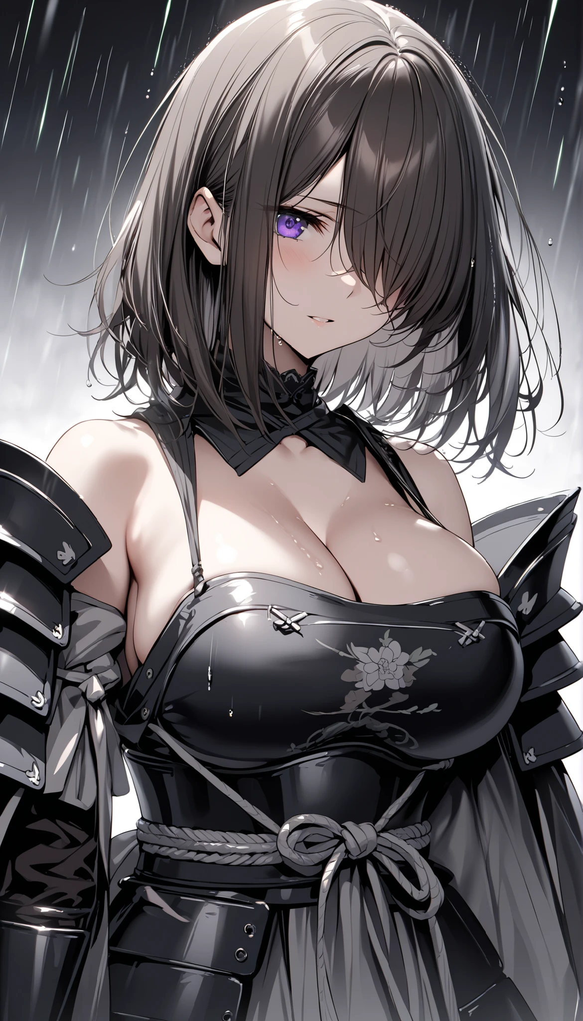 Photo of a woman in armor, Bikini Armor Female Knight,(Light purple rubber bikini:1.3),On the bed,(Sleep on your back:1.3),Legs wide open,(Eye Highlight:1.2),Bikini Armor, Girl in Armor, Otherworld fantasy game characters,Slender figure,Cleavage,belly button,Black Hair,Short Bob,Flushed Cheeks,Embarrassing,smile,Bikini Armor, Bikini Armor, glossy White Armor, ornate Bikini Armor, Thick armor, feminine, Female Knight, shiny silver armor, White Armor, Pale black armor, Highly detailed art gems,Beautiful expression right down to your fingertips,Angle from directly above