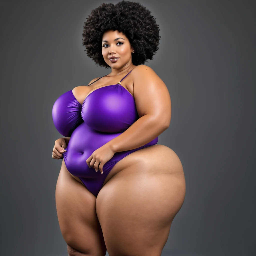 A brunette girl with curly hair and big breasts sits with her legs stretched out, taking a realistic photo que una tenga vestimenta rosada y otra morada