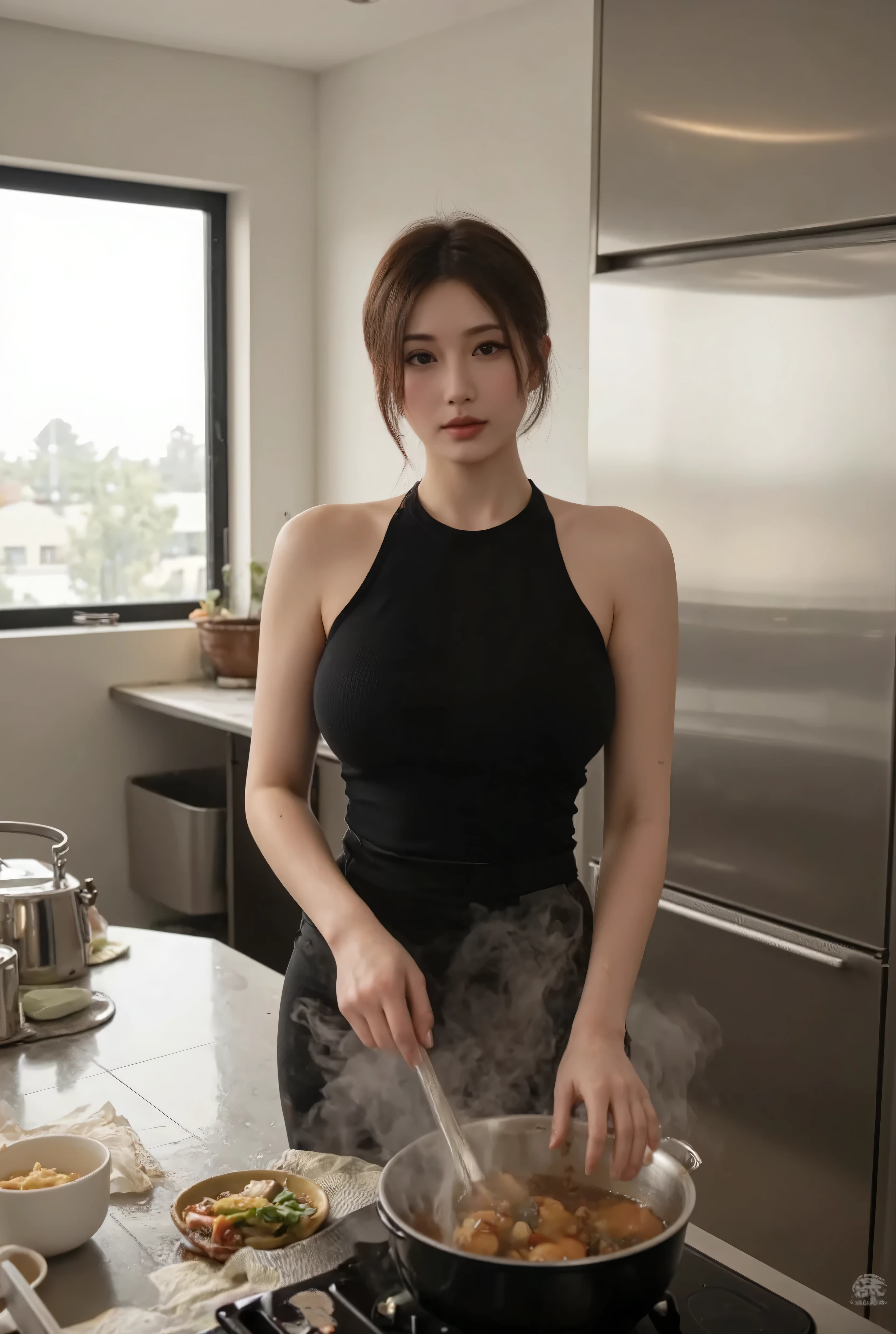 very beautifull girl. super cute face. 25 years old girl. (RAW photo, 4k, masterpiece, high res, extremely intricate) (photorealistic:1.4), dark cinematic dark lighting, sexy pose, sexy casual outfit. low light. long hair. brown hair. wavy ponytail hair. big boobs. sagging boobs.
1girl, solo focus, summer noon, hot, 1990s \(style\),cowboy shot, in the kitchen. luxurious kitchen set. expensive cooking equipment. cooking. microwave. glass. refrigerator. dishwaaher. plate. wok. stove.
