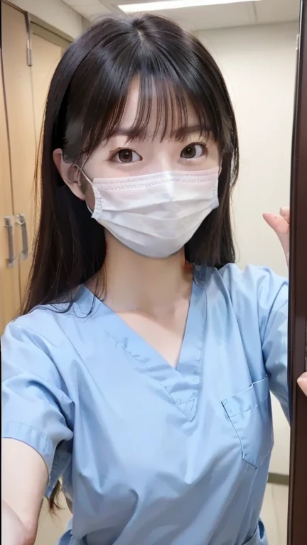 Dental hygienist wearing dark blue medical scrubs Japanese woman in her early 30s with black hair Upper body close-up smile Shooting in a white clinic Harmony々 No accessories included
