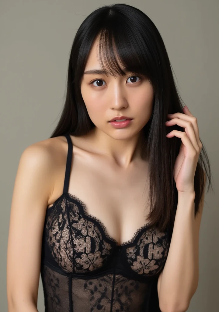 highest quality、High resolution 16k、Very detailed、Artwork、Live Shooting、Realist:1.4、Hyperrealism:1.4、Sharp focus、Delicate and beautiful, Olive skin and Asian eyes、Young Indian woman with long black hair and long bangs, Thin, sheer white lace underwear, royal palace, Stand in front, Look confident and serious, Looking at the camera, Sunburned skin, RPG World, Thick eyebrows, Sculptural body, No makeup, Medieval