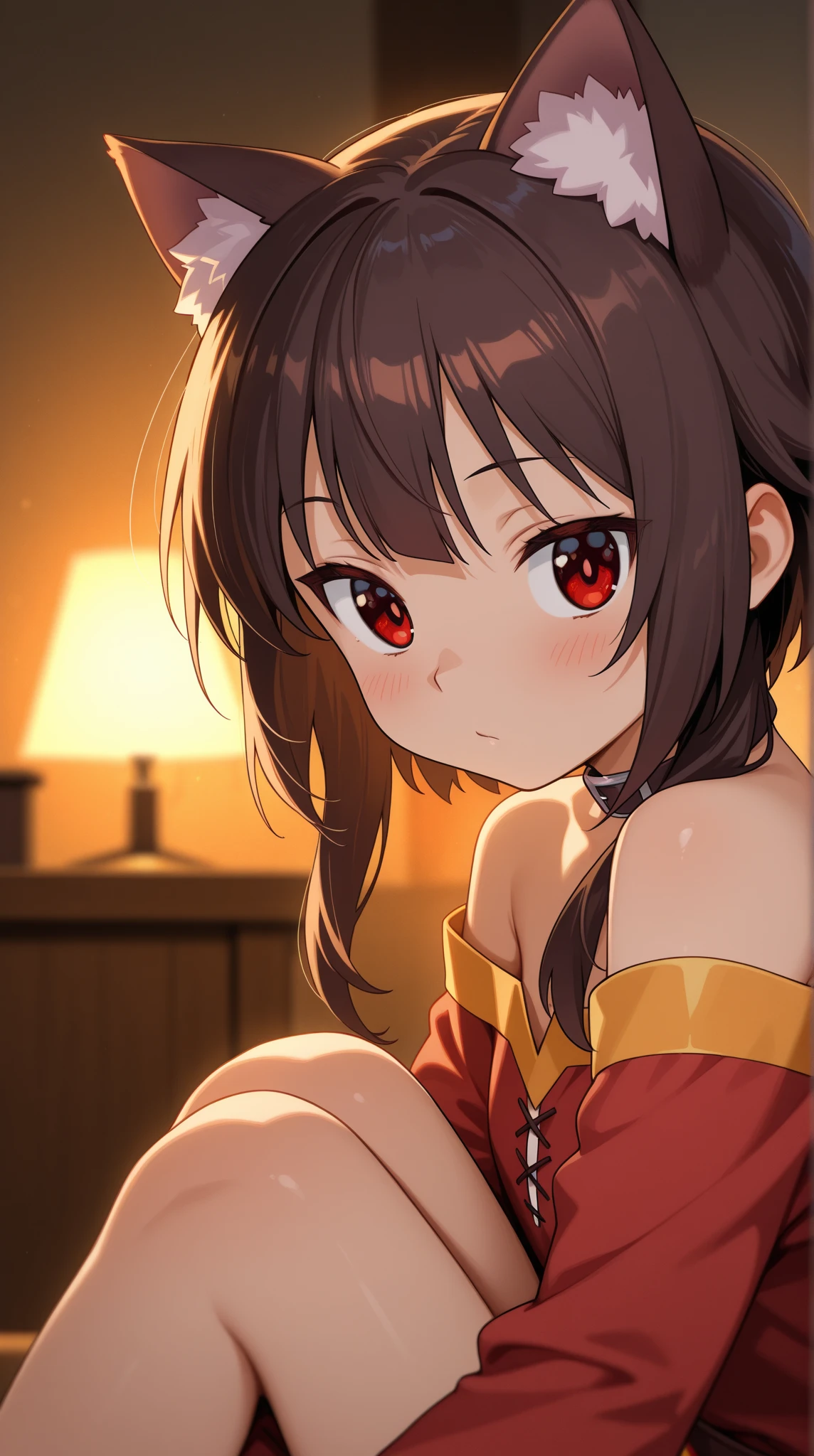 1 girl, best quality, tmasterpiece, beautiful, detailed eyes, HD, extremely detailed, visually inspect the audience, brown hair, (((solo:1.1))), mouth sticking out tongue, the face is slightly red, is shy, blush, full bodyesbian, adorable, Lori small breasts cleavage, white dress, (sitting on his knees on the bed:1.4),