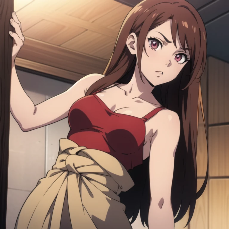 ((best quality)), ((masterpiece)), (detailed), perfect face, brown skin anime girl in a deep V-neck tied top, (bare shoulders), (harem pants), (long hair), starving, (resting hands on the stomach), (hands on the stomach), (beautiful skinny girl), (embarrassed expression)