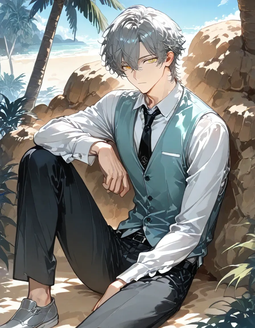 Cat,Gray hair and green eyes,and white coat color,A delicate man,White shirt,Rough trousers,hairy,Sitting on the grass,Hold your chin in your hand,A bamboo basket next to it,Put firewood,, (((Solitary))), ((Practical)),((Clear blue eyes)),