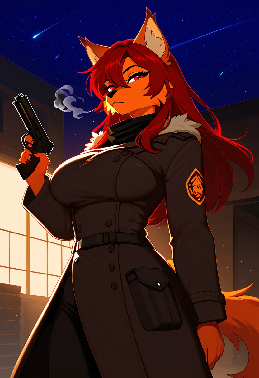 Best quality, furry male fox with green eyes, with brown long hair, with black spout, with red lipstick on lips, big lips, in a policewoman costume, a femboy, crossdressing, shy, choker on the neck, flirts, sexy pose, portrait, against the backdrop of an empty night city