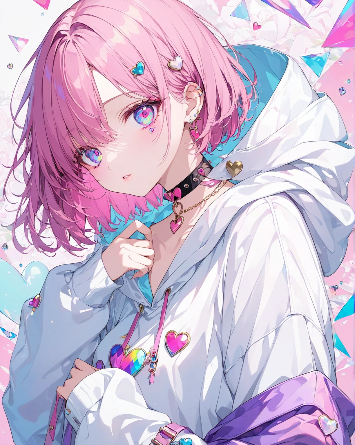 blue_eyes, solo, upper_body, animal_ears, choker, bangs, jewelry, heterochromia, collar, looking_at_viewer, flower, lips, heart, cat_ears, hair_ornament, blunt_bangs, hair_flower, red_eyes, shirt, long_sleeves, jacket, pink_lips,purple_hair, smile, ring, short_hair, white_hair, fingernails, chain, head_tilt, bandaid, pearl_necklace, piercing, makeup, white_shirt, black_choker, pink_flower, lilac background, ((masterpiece)), (best quality), (ultra-detailed), ((an extremely delicate and beautiful)), 1girl, (beautiful detailed blue eyes), cat head, with tail, fluffy, cute eyes, blue pupil, detailed face, messy floating hair, disheveled hair, perfect hands,(wearing pink hat), complicated background, (illustration), (dynamic angle), (focus),(wearing a pink rain coat:1.5),(red Hair), messy hair,