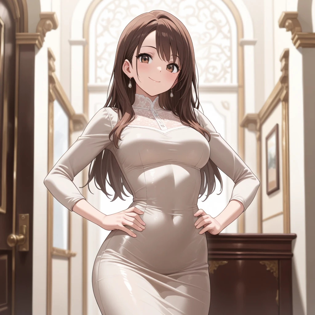 masterpiece, best quality,8k wallpaper,(kunikida hanamaru:0.999), (long hair:0.888), (breasts:0.878), (brown hair:0.875) ,(large breasts:1.0) ,cowboy shot, standing, smile, (blushing:1.2), sexy queen dress, queen tiara 