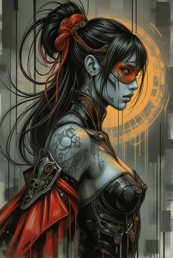 (((mulher))), (((melhor qualidade))), (((obra prima))), (((adulta))), Uma guerreira mulher de 35 anos com corpo perfeito, She-Lobo, micro saia, (( under boobs )), quase nua no estilo selvagem urbano de Simon Bisley para a capa da revista Heavy Metal, cabelo loiro, Minimum clothing, armadura (vermelho escuro com estrelas brancas), cheio de pontas e rebites manchadas de tinta, tatuagem de estrelas de 5 pontas, (((corpo inteiro))), cabelo preto curto com franja branca cobrindo a testa