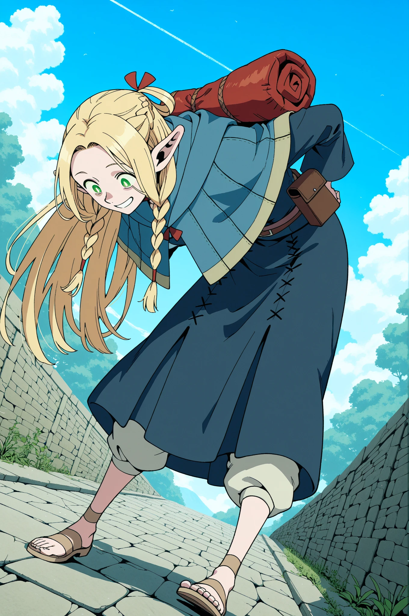 masterpiece, best quality,,gigantic breasts,smile,galko huge breast, mature, long skirt, modes, traditional french cloths, priestess, , walking, medieval village, flowers, fantasy village, staff holding, nun, vest, fur coat,scarf, cape, forest