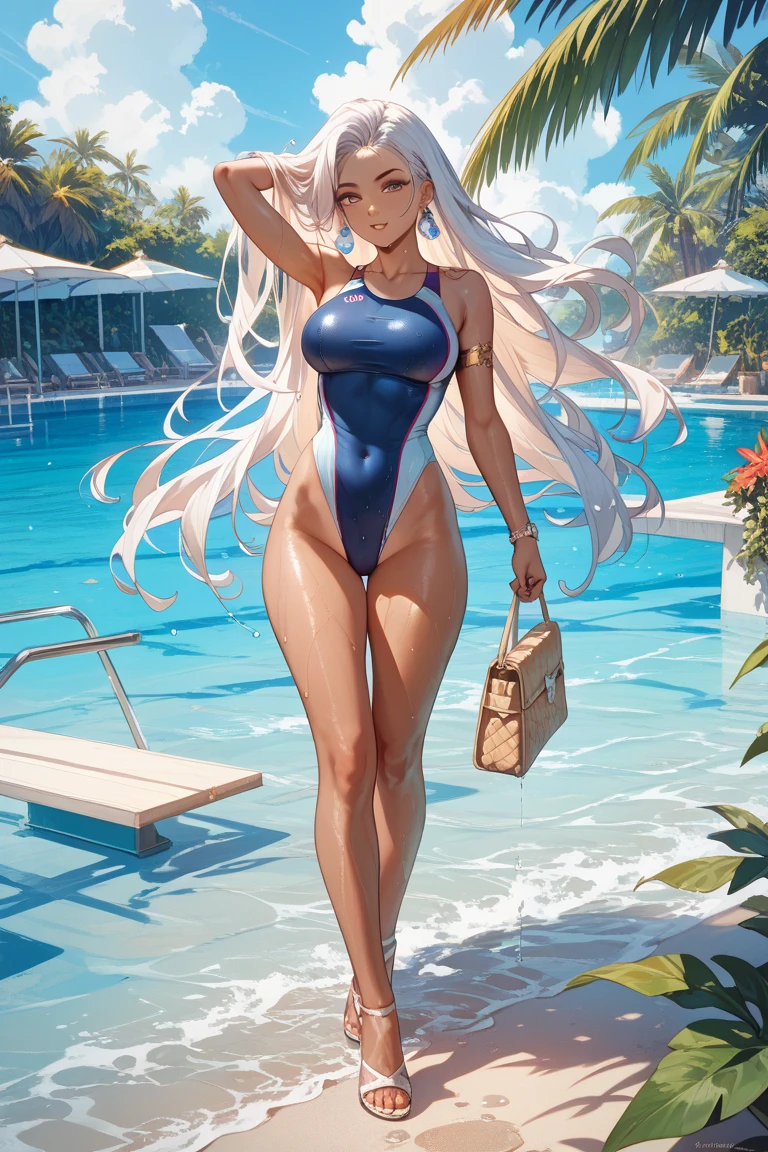 High quality、highest quality、complete limbs、Ultra high definition、vivid colors、droopy eyes、full finger、slender beauty、knee high、school swimsuit、school swimwear、surprised、resort hotel、dance of joy
