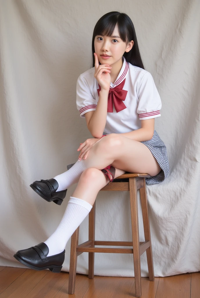 One girl, happy, smiling, (super time: 1.2), ((school uniform: 1.2)), RAW photo, (photorealistic: 1.37, real), high-definition CG integrated 8K wallpaper, looking at the viewer, ((( Front View) ))), (HQ Skin:1.8, Glossy Skin), 8k UHD, DSLR, Soft Lighting, High Quality, Film Grain, Fujifilm XT3, ((Whole Body)), (Professional Lighting: 1.6), white socks, feet with socks, ((sheer underwear)), open legs
