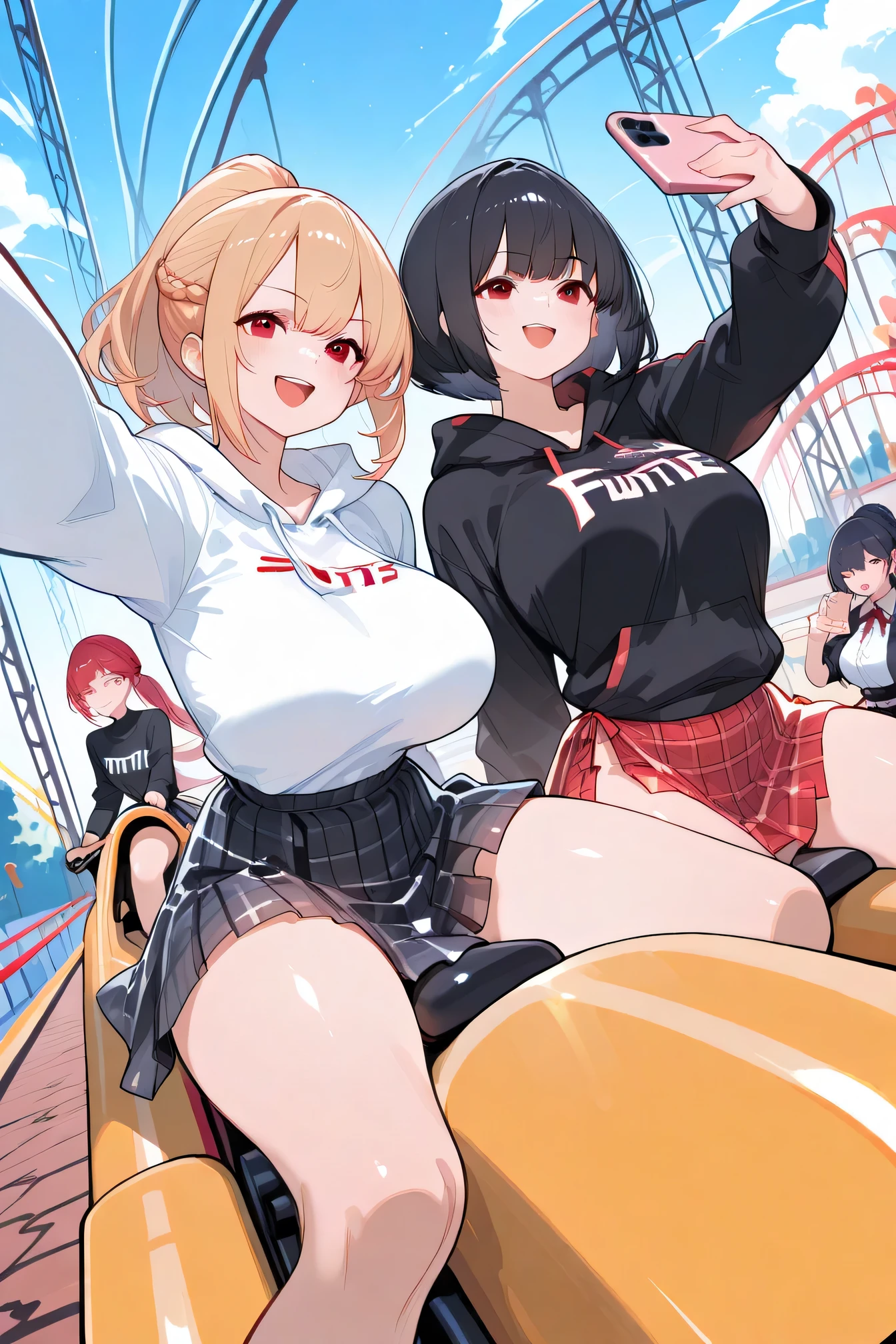 twins,(Two Girls),((standing on the right,Blonde twin tails)),(((Stand on the left,Blonde ponytail))),(Very curled hair,Blue ribbon,Bright blue eyes,freckles),(mega breasts),high school girl,BREAK((Skin-tight clothing,Road bike,bicycle,Sweat,Wet clothes)