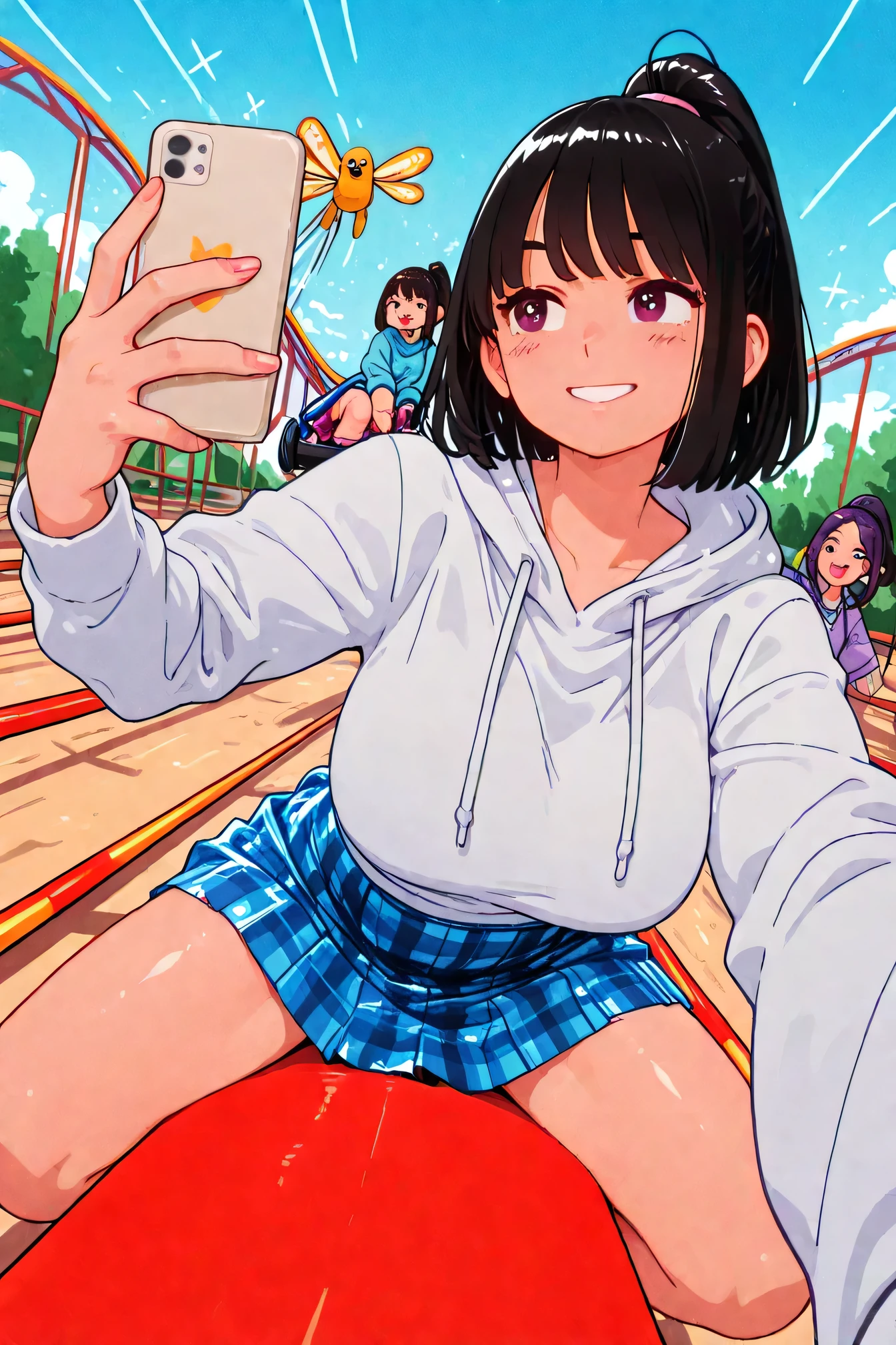 Highest Quality、Detailed Background、masterpiece、Beautiful girl、Huge Breasts、braided bob cut、ponytail、FUN ATMOSPHERE、Amusement Park、
(three women taking selfies while riding a roller coaster:1.5)、(Dynamic poses and powerful angles with fluttering skirts:1.5)、
JK uniform with plaid skirt and hoodie、three women smiling and having fun while riding a roller coaster、 Their hairstyles and accessories are stylish and individualistic、cute